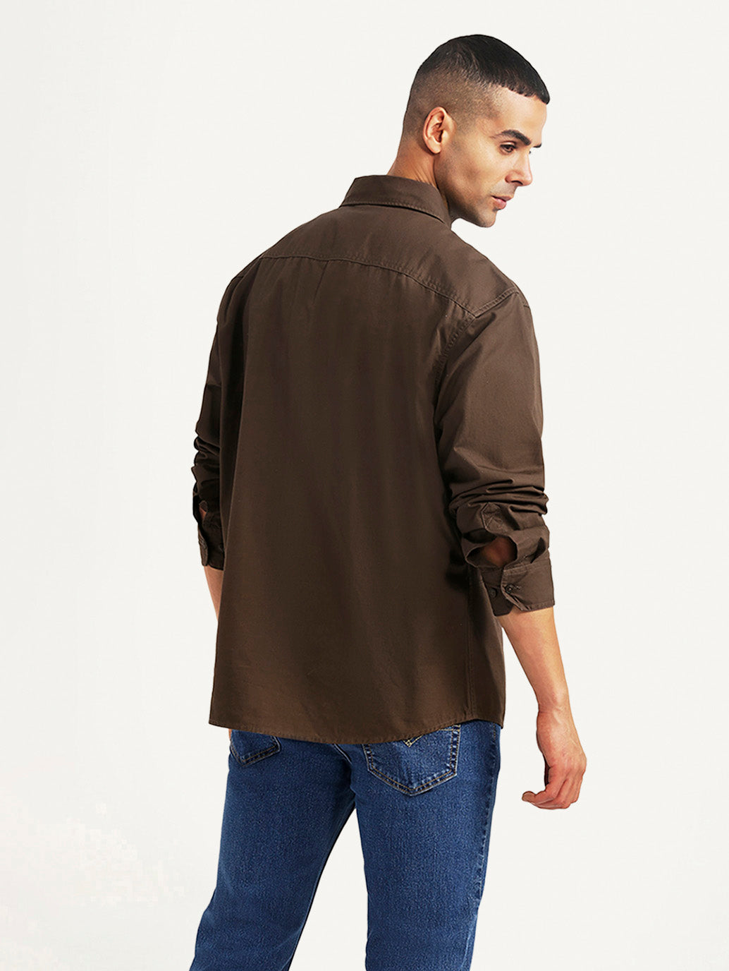 Men's Solid Brown Relaxed Fit Commuter Shirt - Back View