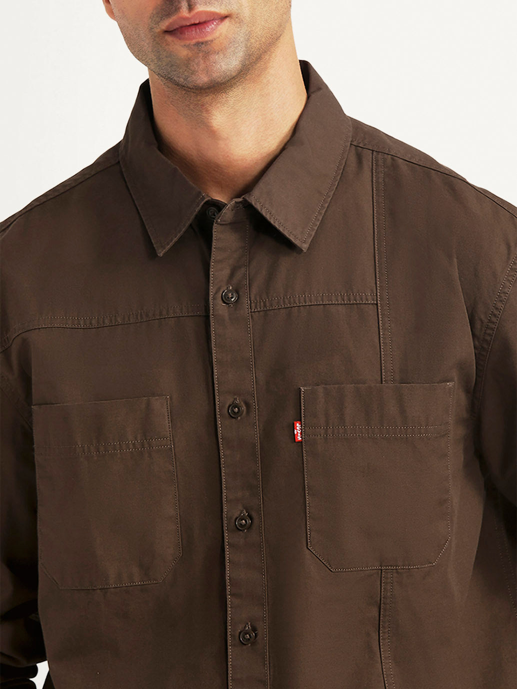 Men's Solid Brown Relaxed Fit Commuter Shirt - Detail View