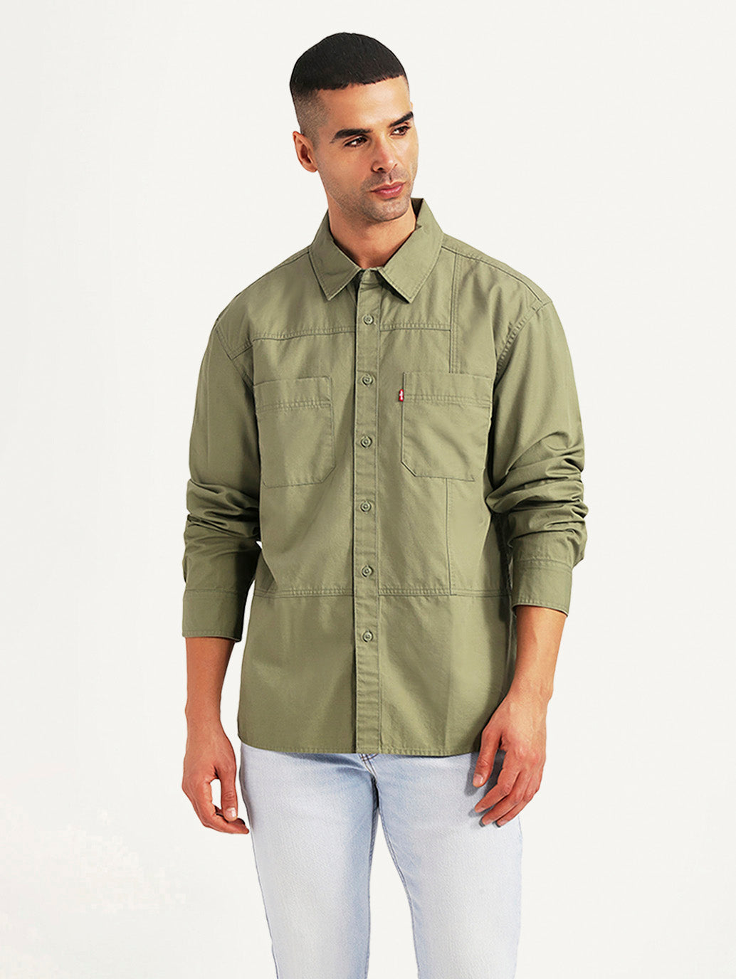 Men's Solid Olive Relaxed Fit Commuter Shirt - Front View