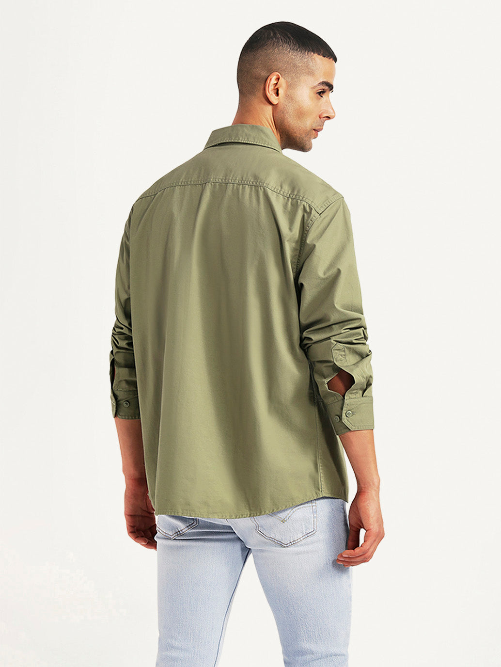 Men's Solid Olive Relaxed Fit Shirt - Back View