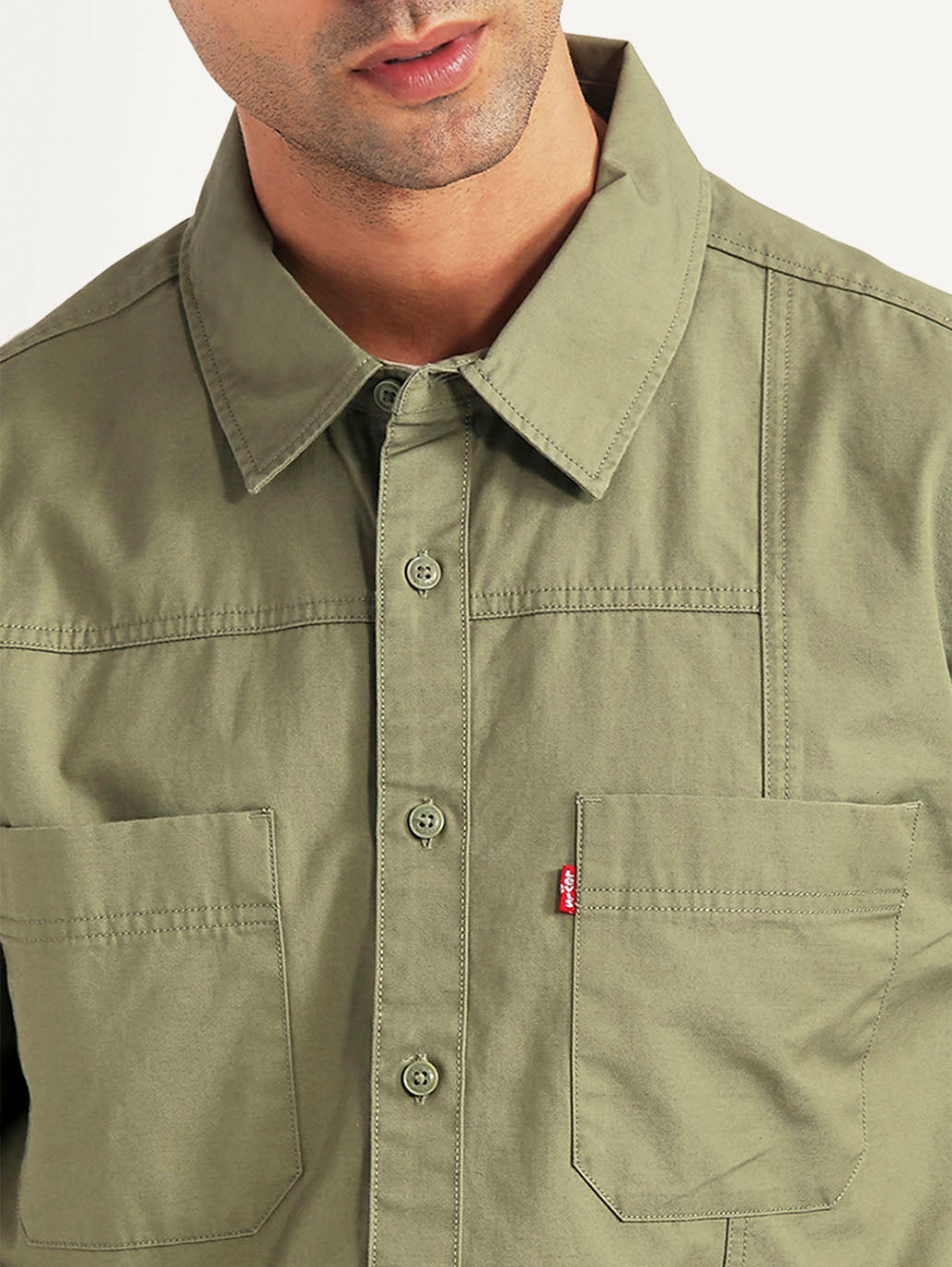 Men's Solid Olive Relaxed Fit Shirt - Detail View
