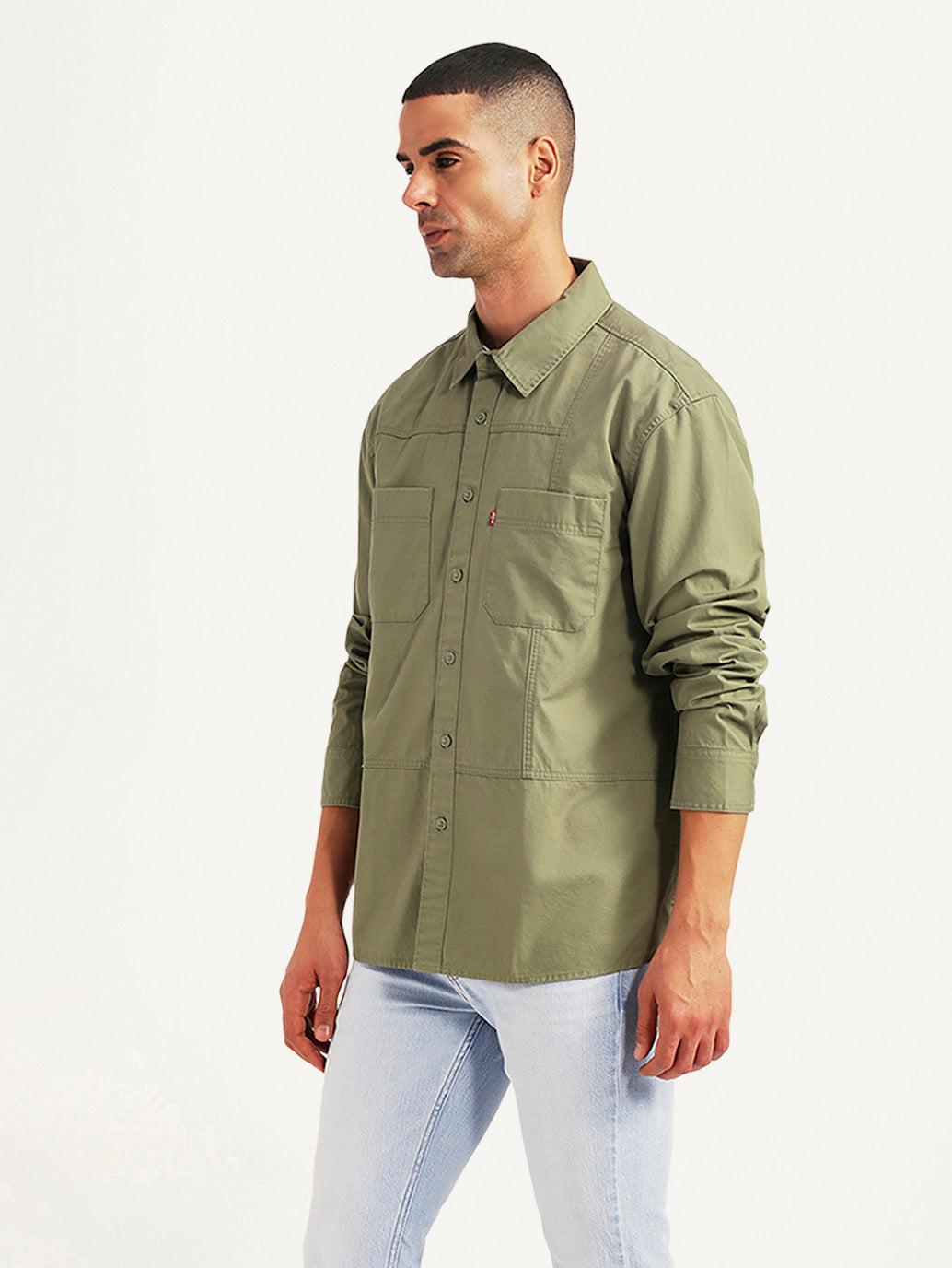 Men's Solid Olive Relaxed Fit Shirt - Side View