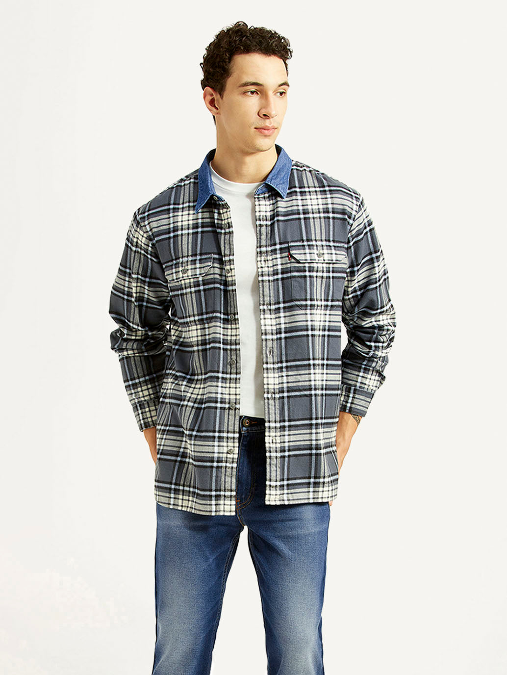 Men's Checkered Grey Relaxed Fit Shirt - Styleshot View