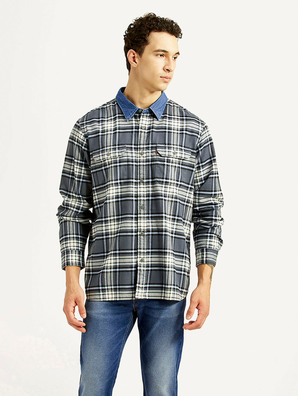 Men's Checkered Grey Relaxed Fit Shirt - Front View