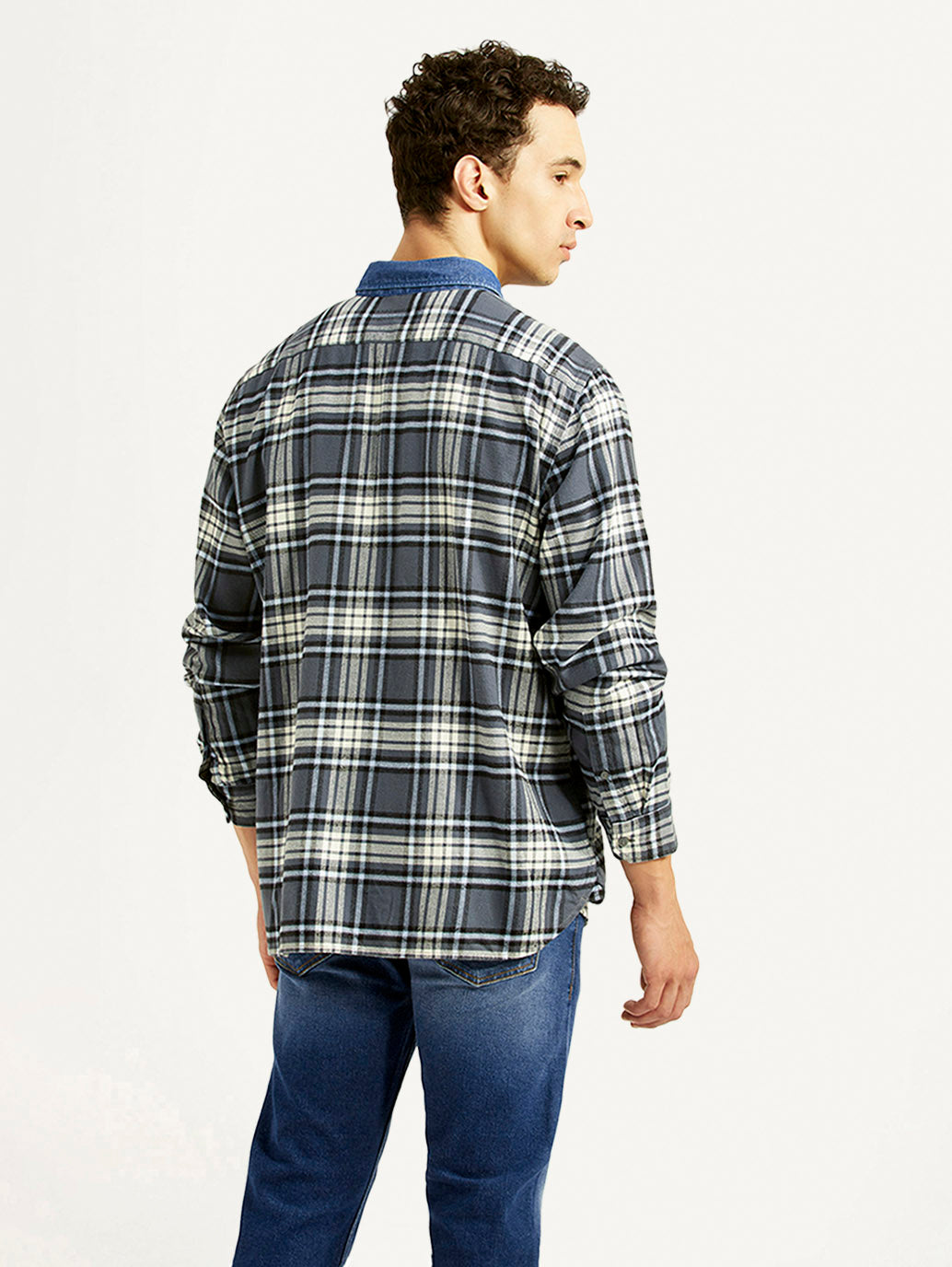 Men's Checkered Grey Relaxed Fit Shirt - Back View