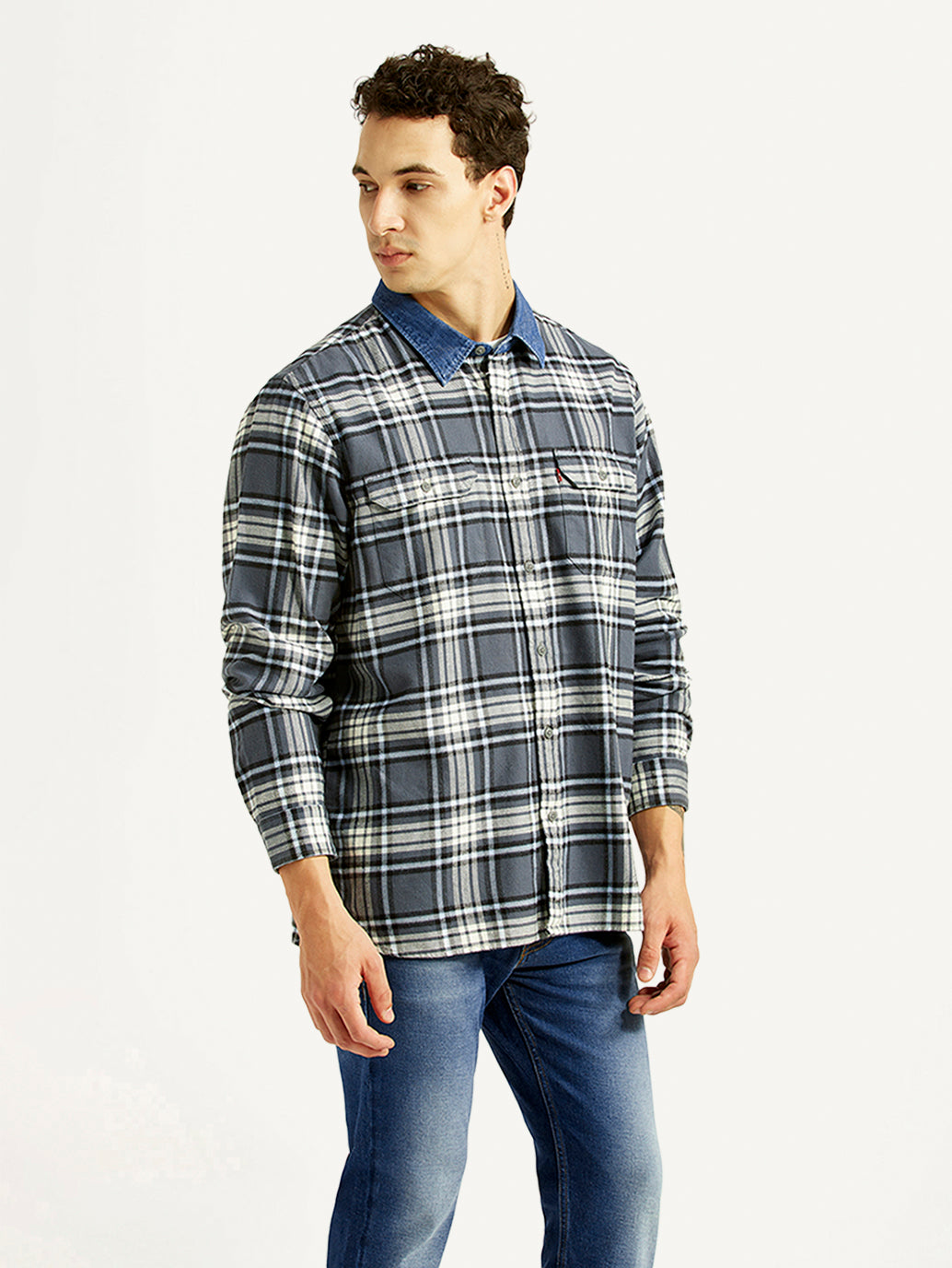 Men's Checkered Grey Relaxed Fit Shirt - Side View