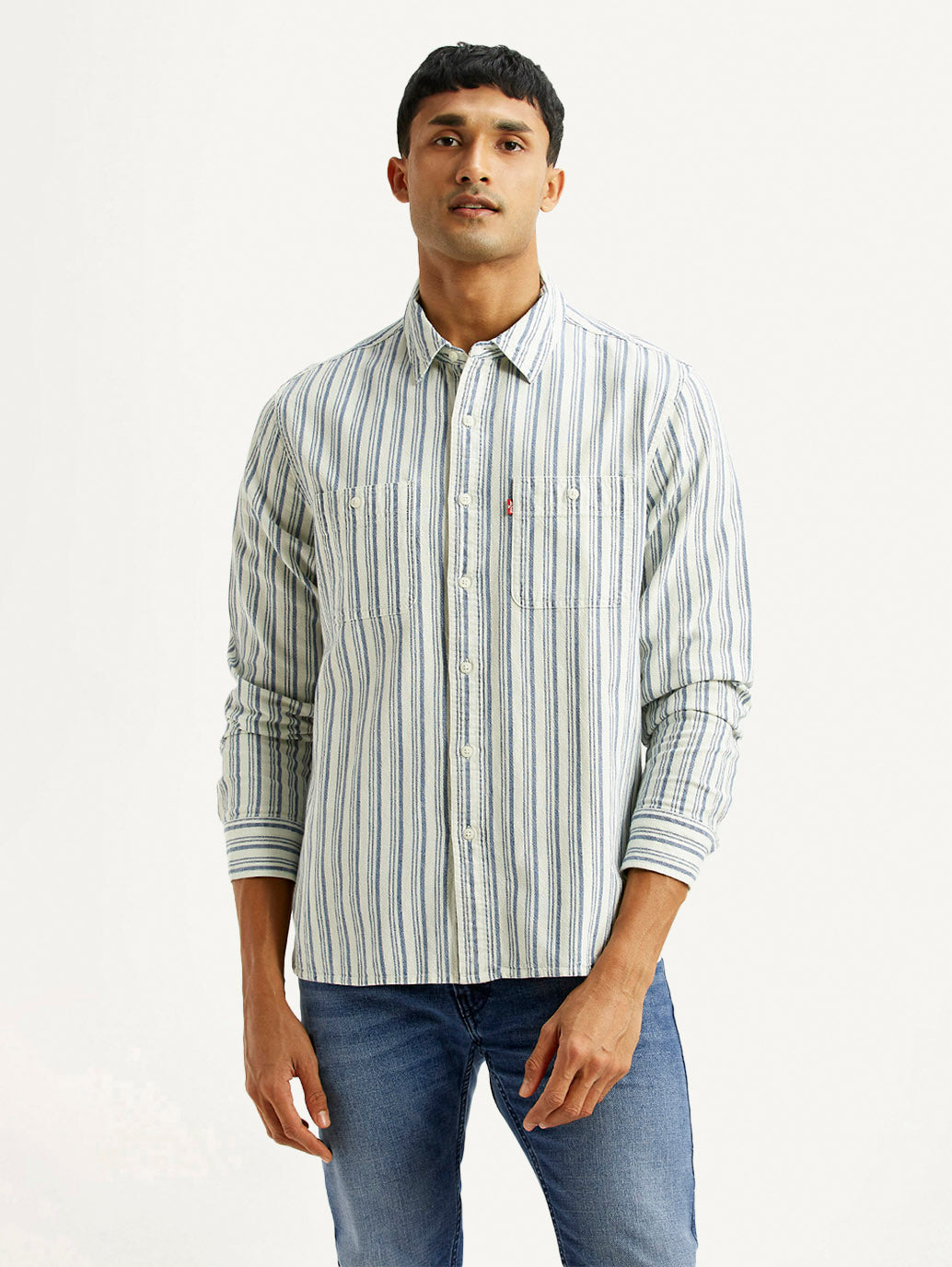 Men's Striped Med Indigo Relaxed Fit Shirt - Front View