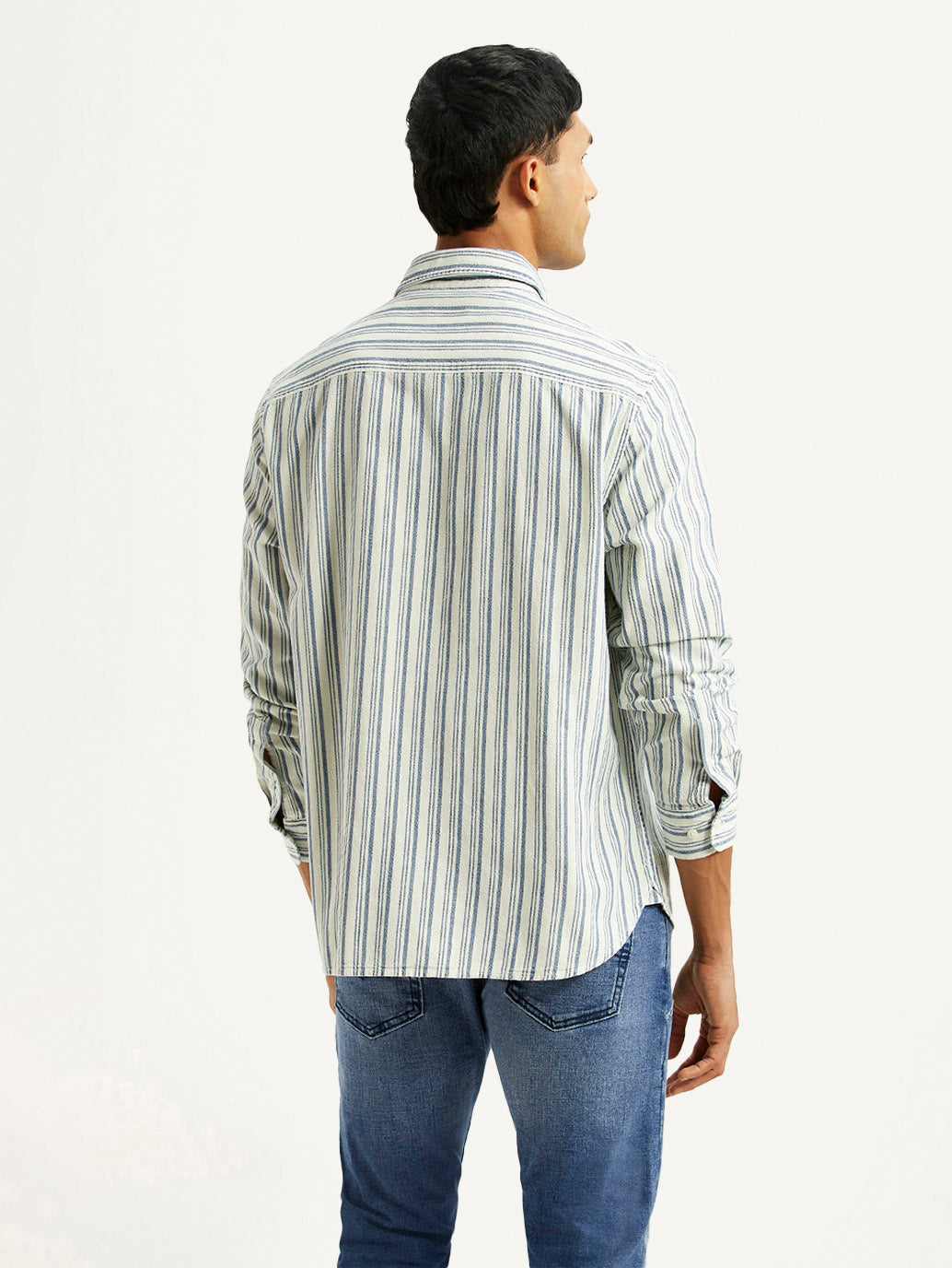Men's Striped Med Indigo Relaxed Fit Shirt - Back View