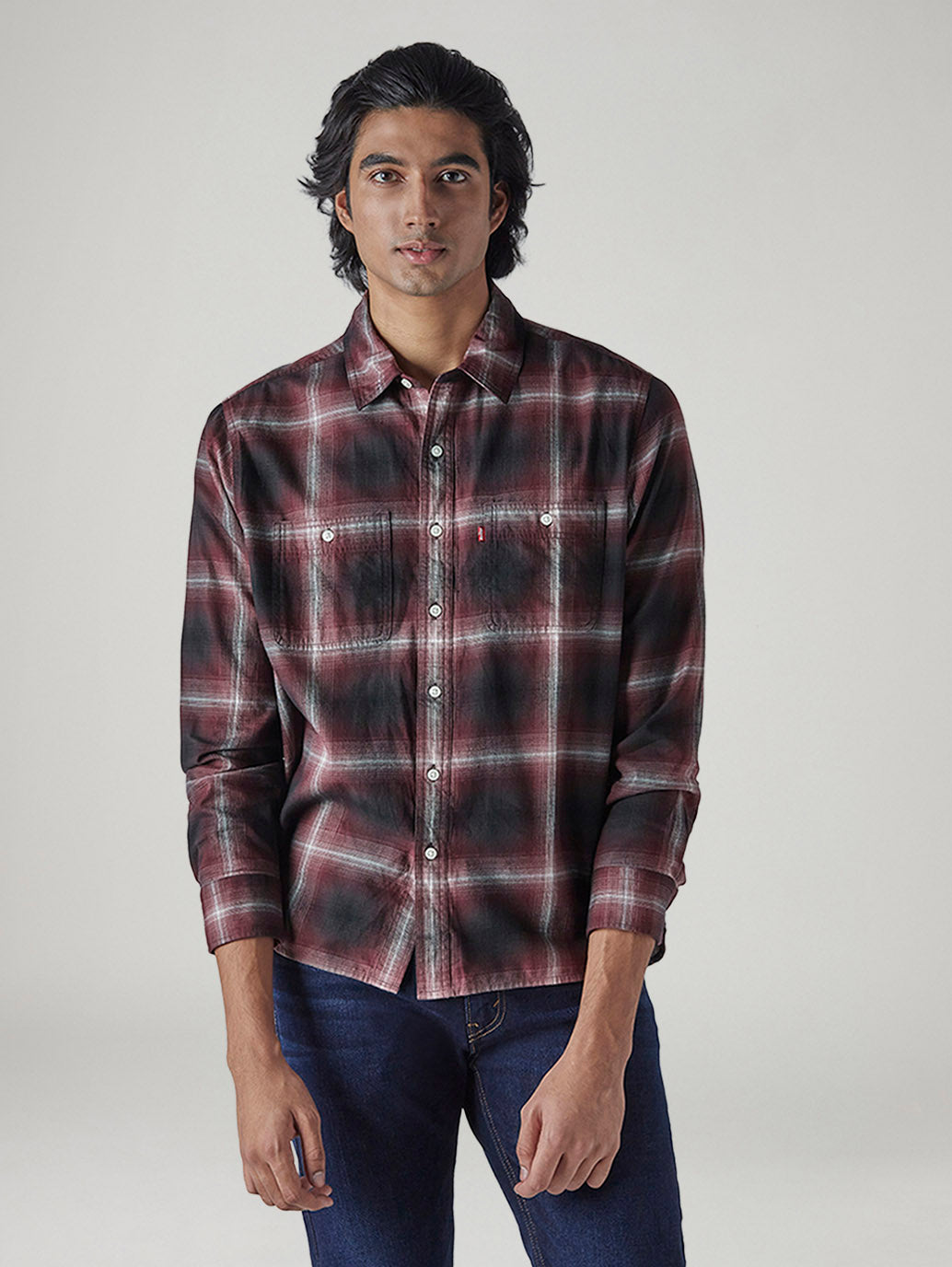 Men's Checkered Relaxed Fit Shirt - Front View