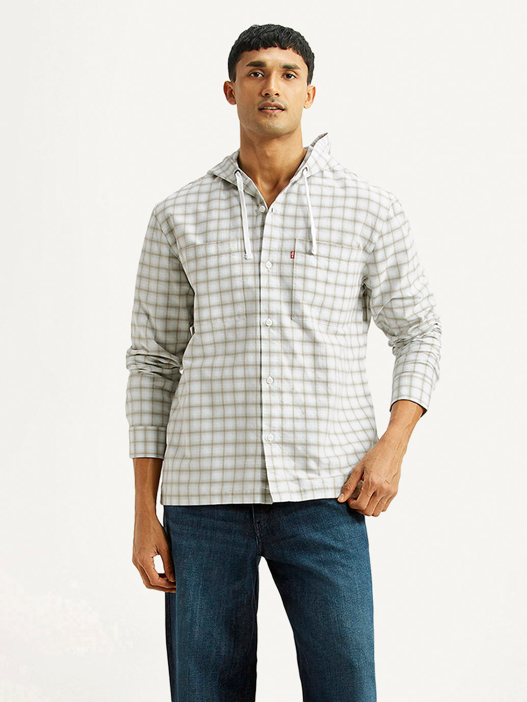 Men's Checkered White Relaxed Fit Hooded Overshirt