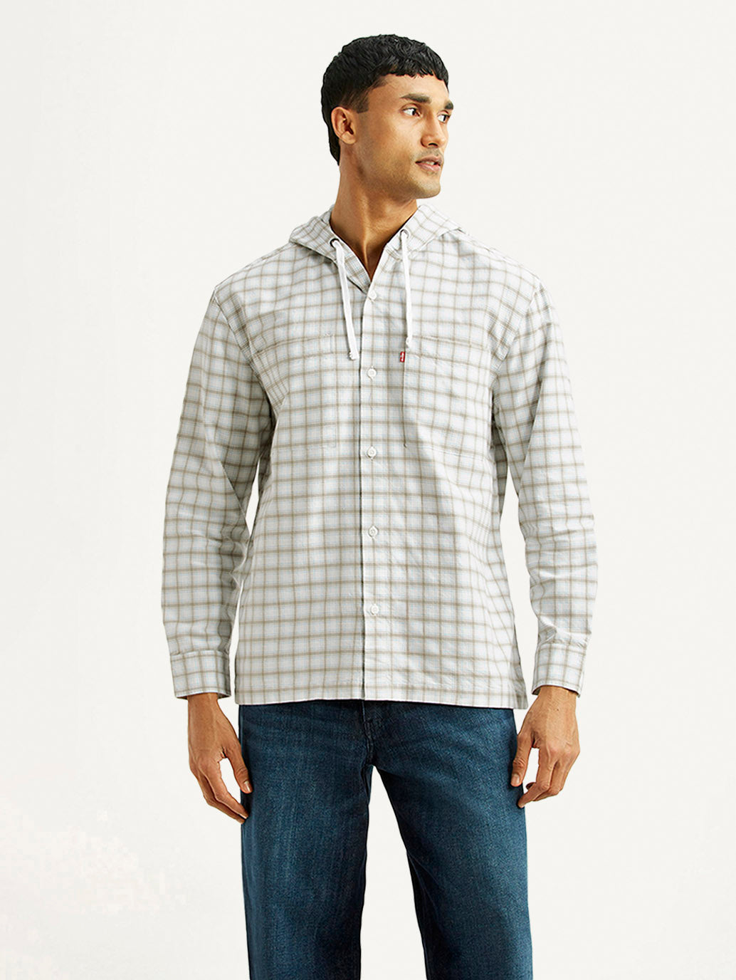 Men's Checkered White Relaxed Fit Hooded Overshirt - Front View