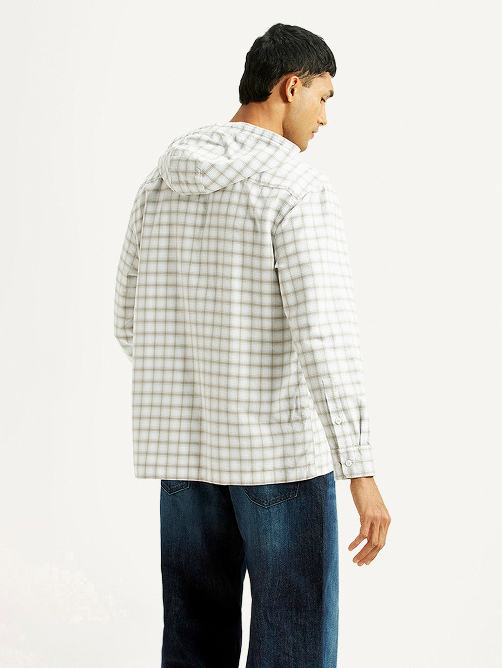 Men's Checkered White Relaxed Fit Hooded Overshirt - Back View