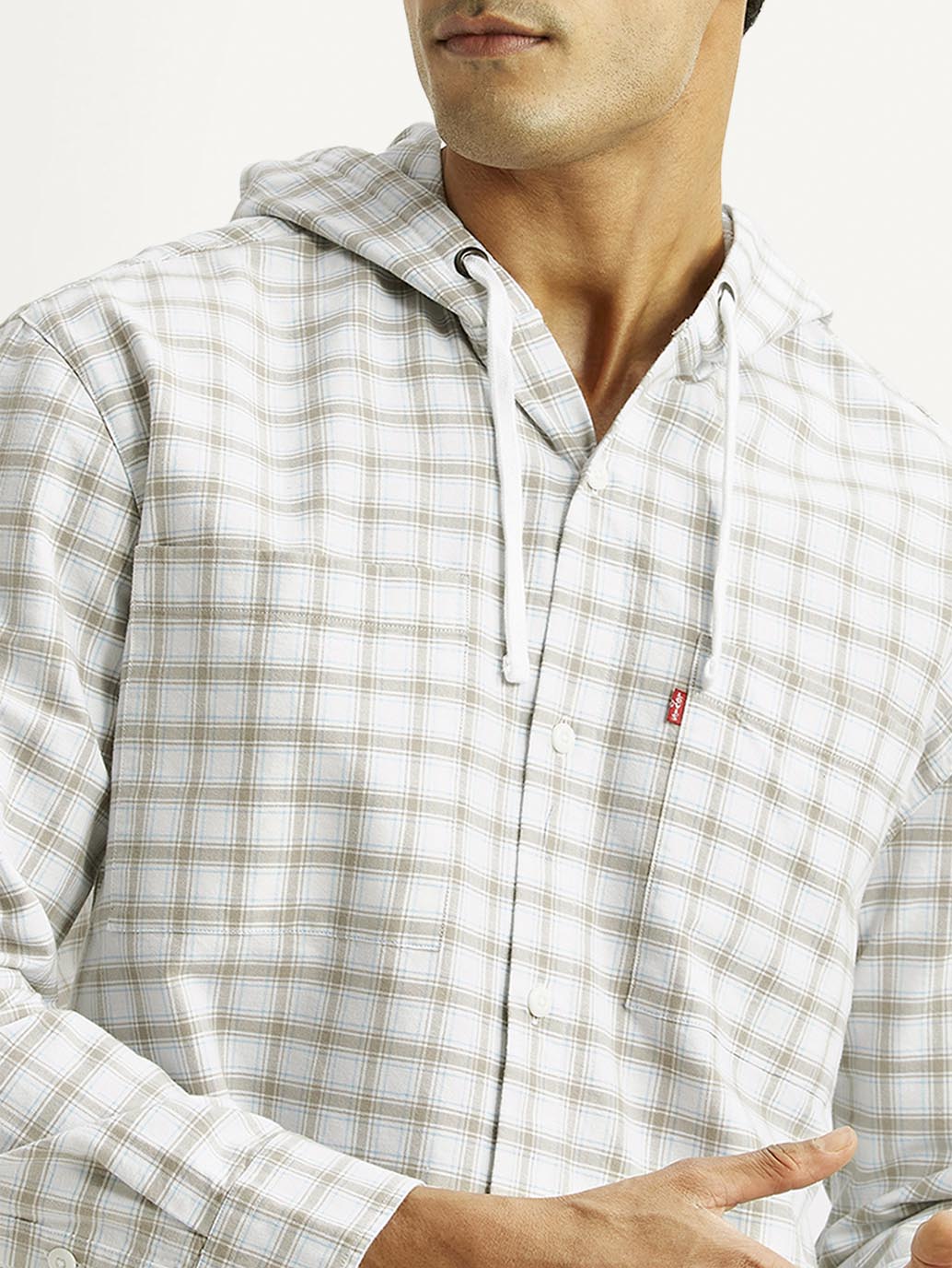 Men's Checkered White Relaxed Fit Hooded Overshirt - Detail View