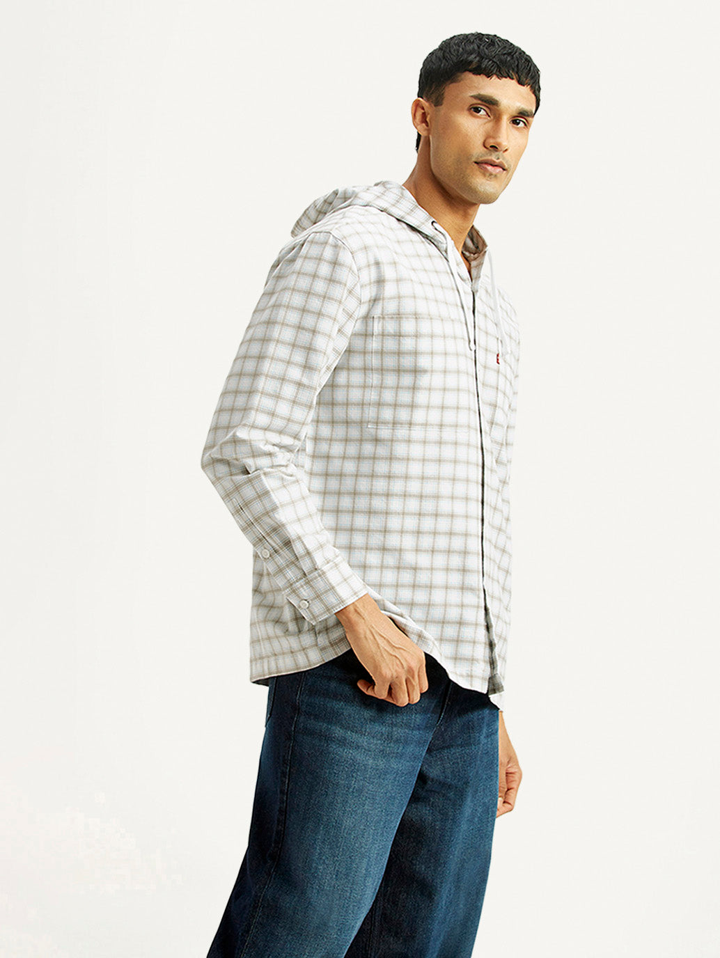 Men's Checkered White Relaxed Fit Hooded Overshirt - Side View
