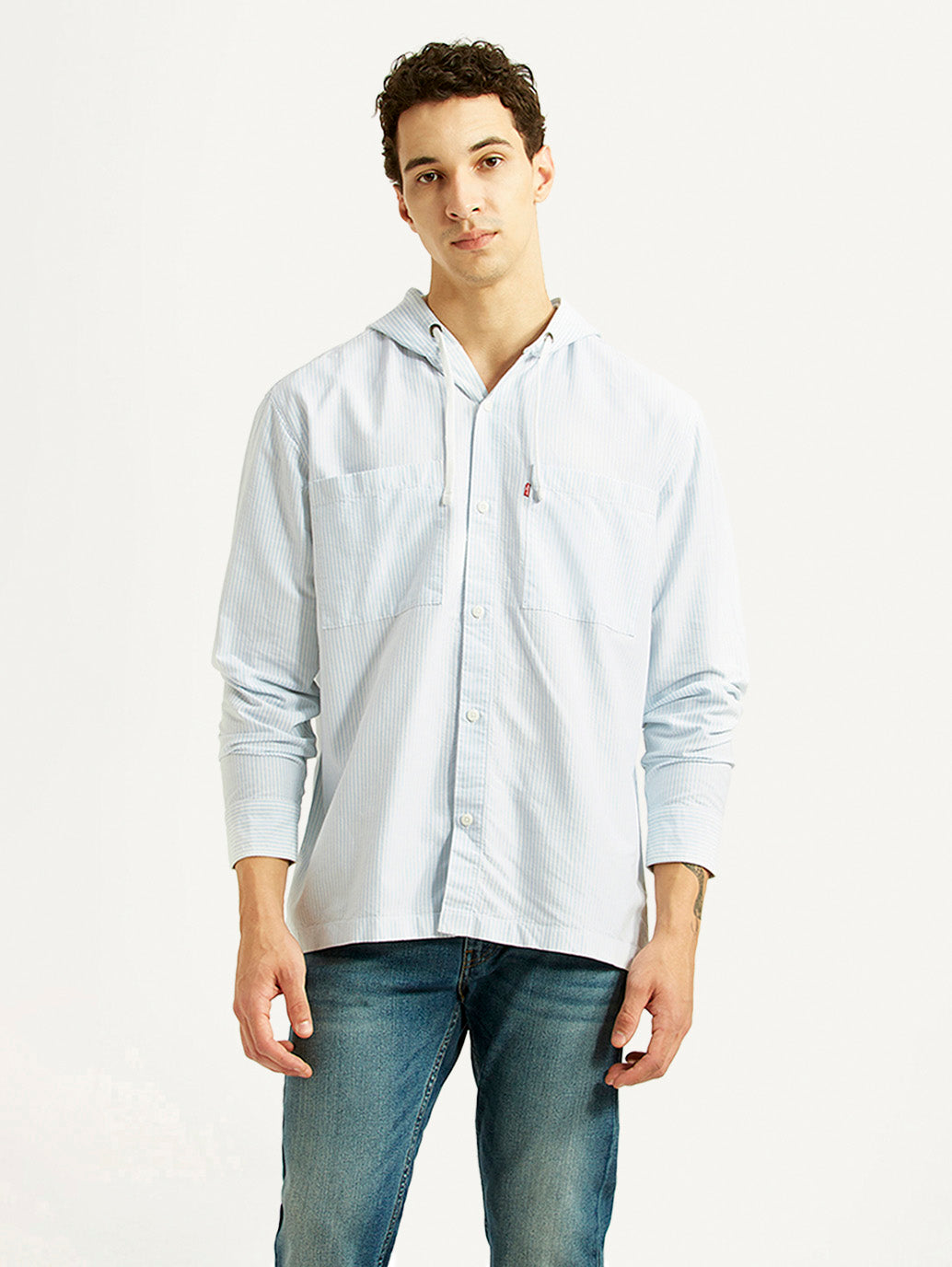 Men's Pin Striped Light Blue Relaxed Fit Hooded Oxford Overshirt - Front View