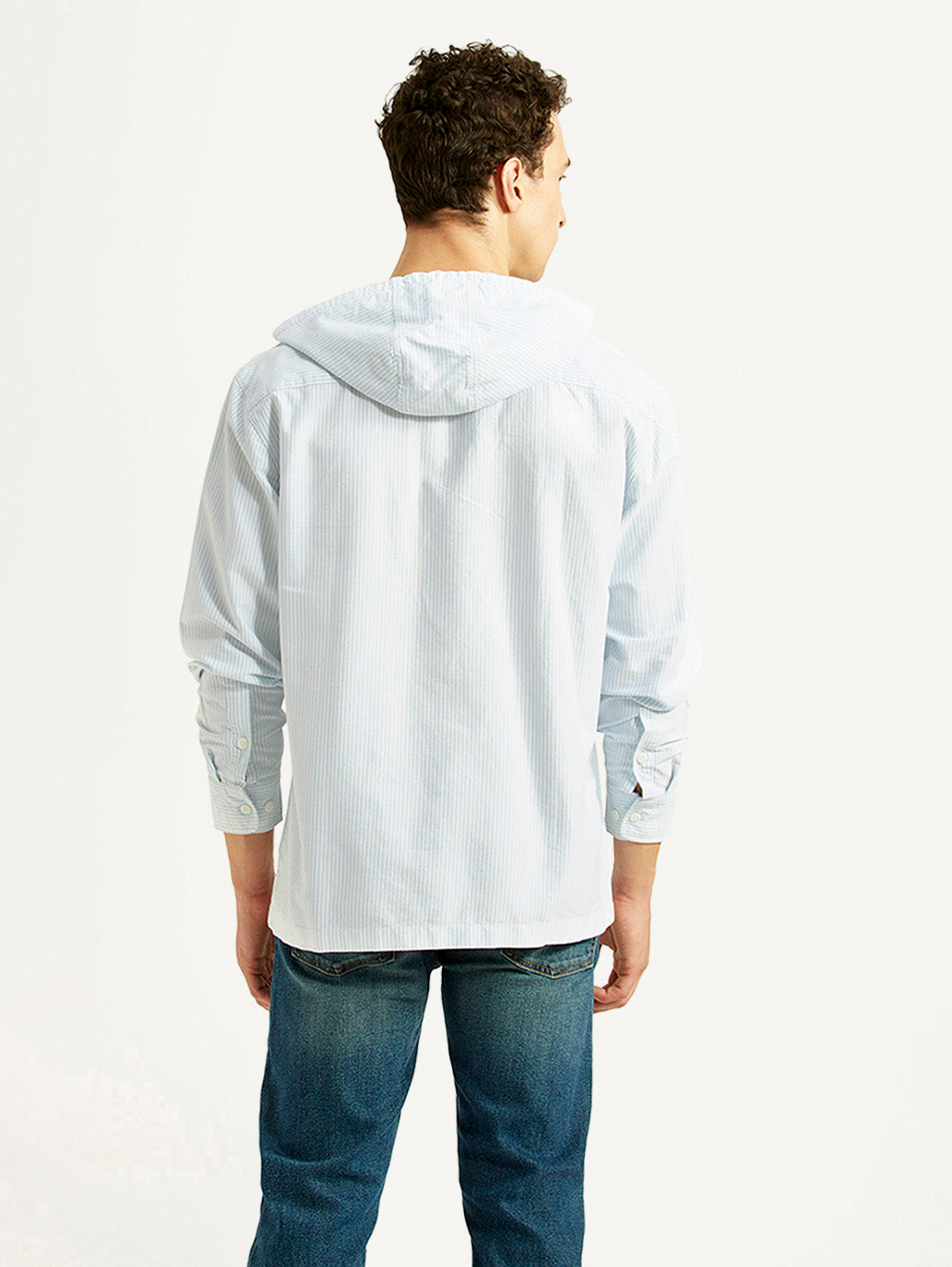 Men's Pin Striped Light Blue Relaxed Fit Hooded Oxford Overshirt - Back View