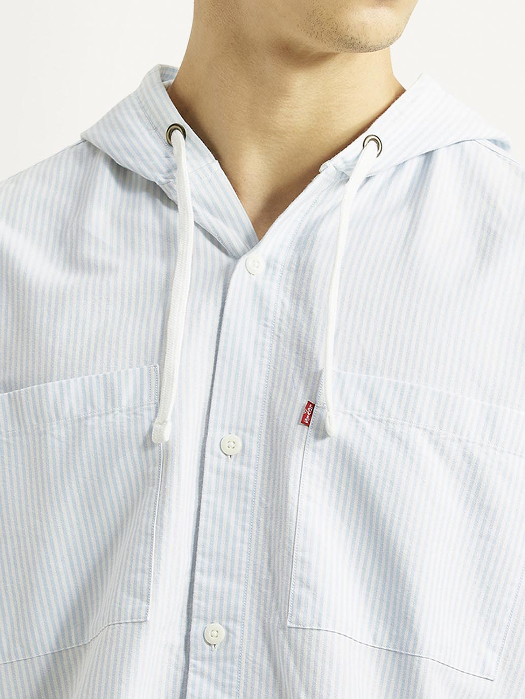 Men's Pin Striped Light Blue Relaxed Fit Shirt - Detail View