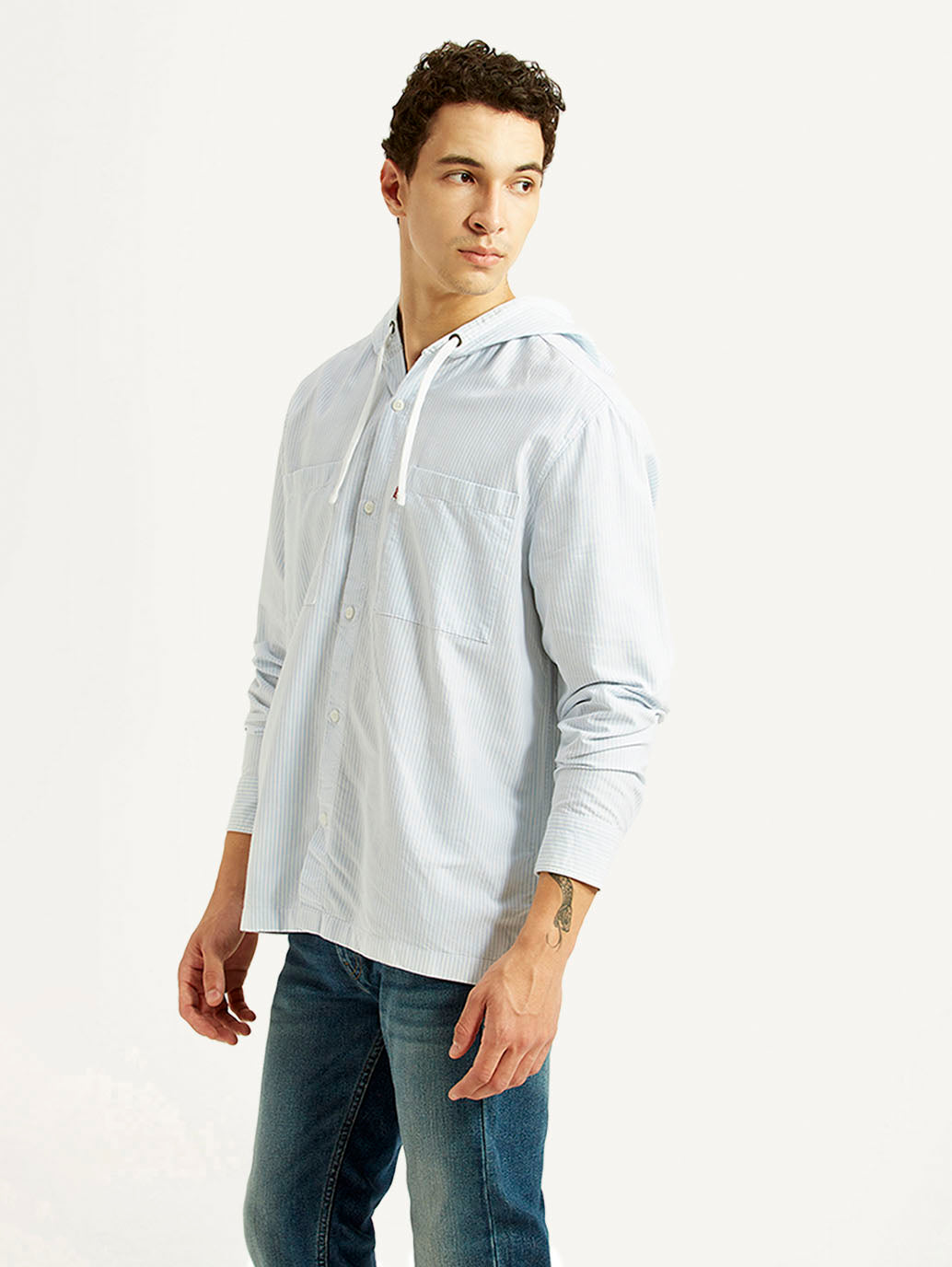 Men's Pin Striped Light Blue Relaxed Fit Shirt - Side View