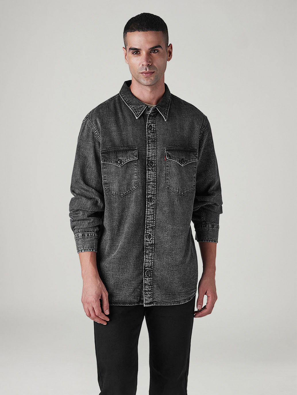 Men's Solid Relaxed Fit Denim Shirt - Front View