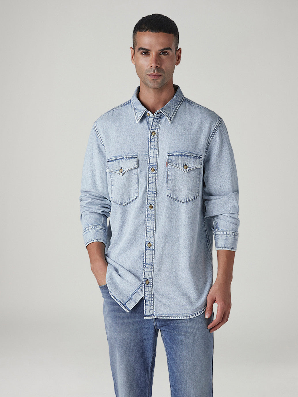 Men's Solid Relaxed Fit Denim Shirt - Front View