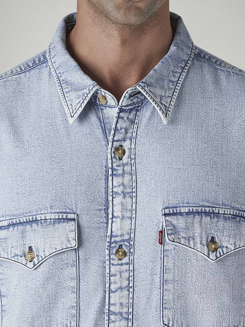 Men's Solid Relaxed Fit Denim Shirt - Detail View