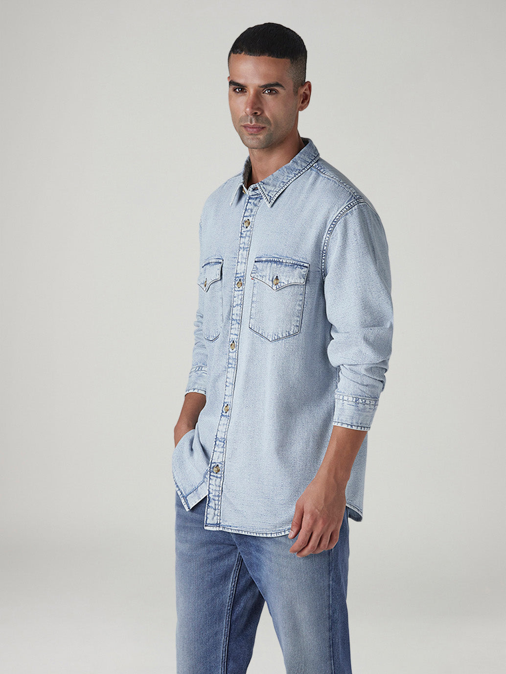 Men's Solid Relaxed Fit Denim Shirt - Side View