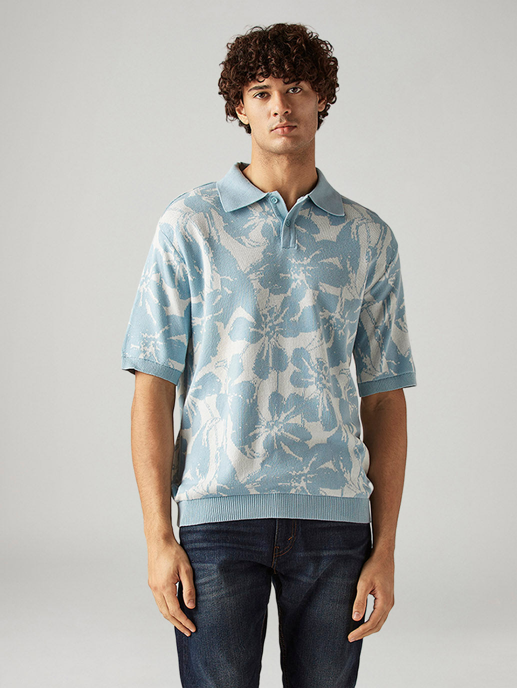 Men's Floral Regular Fit Textured Polo T-Shirt - Front View