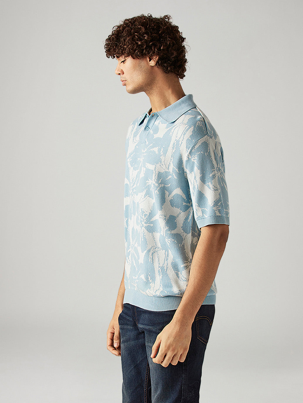 Men's Floral Regular Fit Textured Polo T-Shirt - Side View