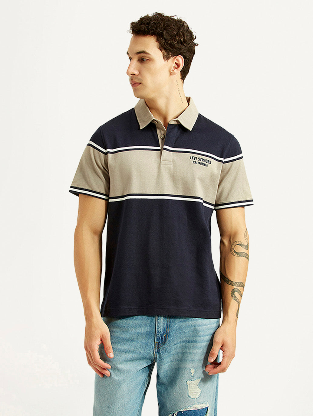 Men's Colorblock Navy Polo T-shirt - Front View