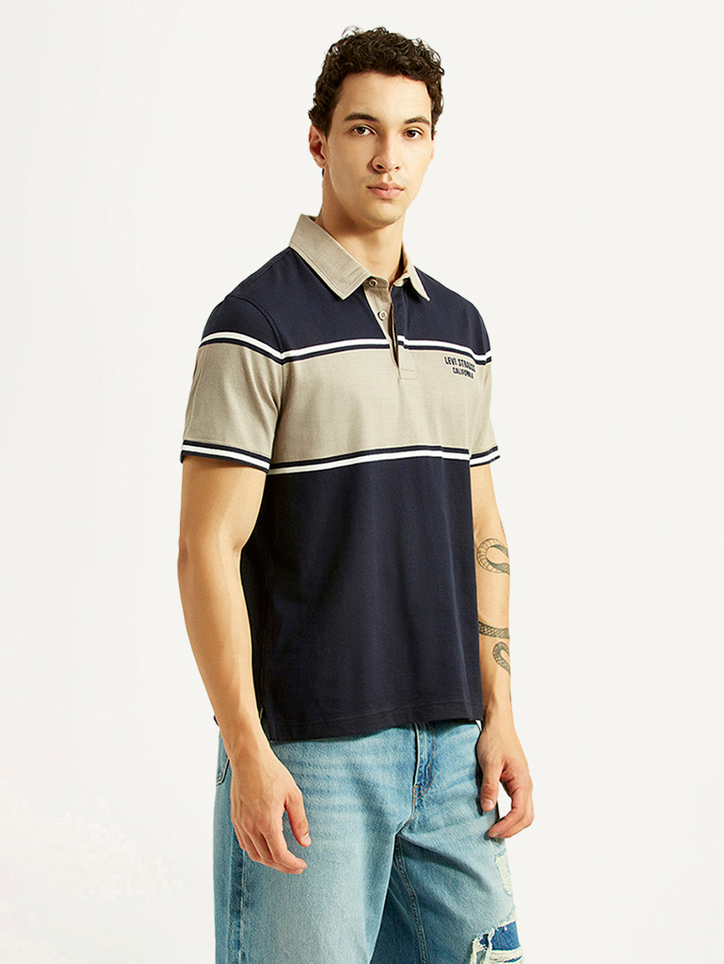 Men's Colorblock Navy Polo T-shirt - Side View