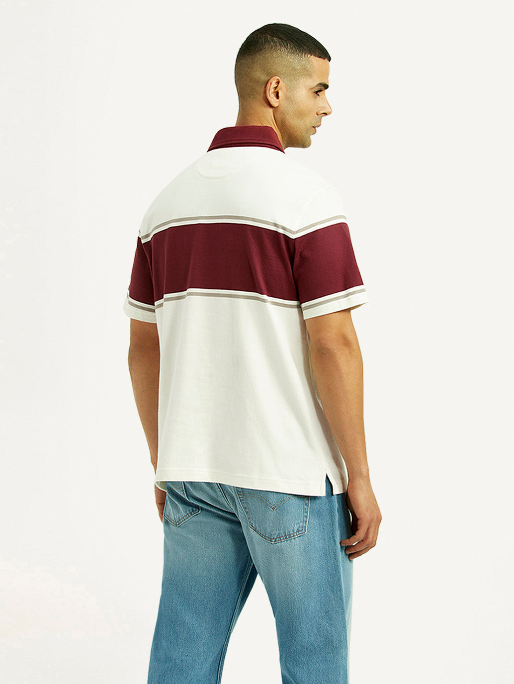 Men's Striped Off White Polo T-shirt - Back View