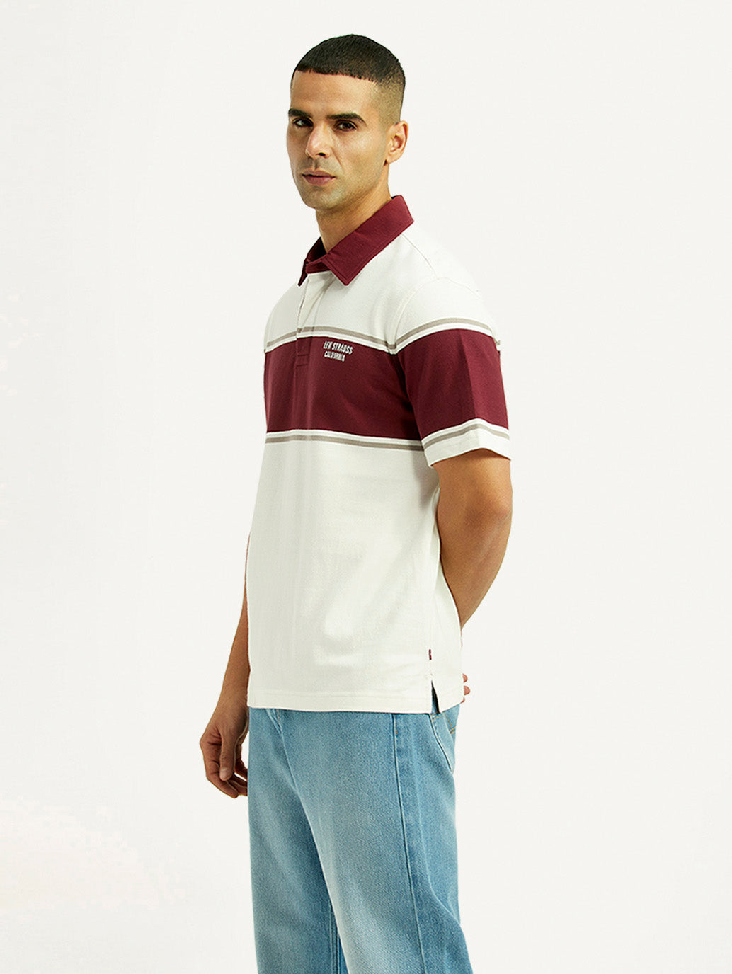 Men's Striped Off White Polo T-shirt - Side View