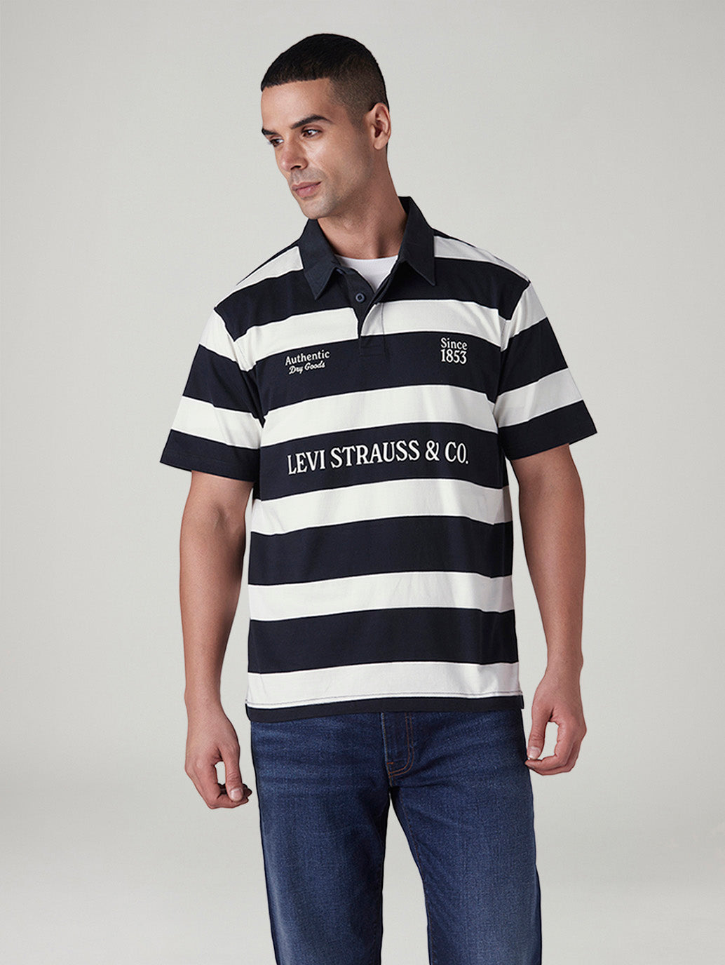 Men's Striped Loose Fit Polo T-shirt - Front View