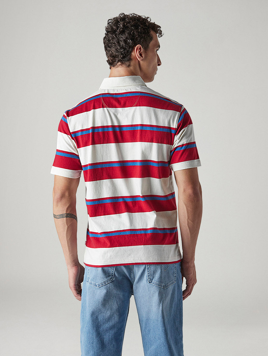 Men's Striped White Loose Fit Jersey Polo T shirt - Back View