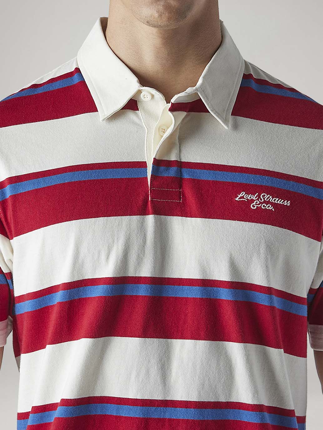 Men's Striped White Loose Fit Jersey Polo T shirt - Detail View
