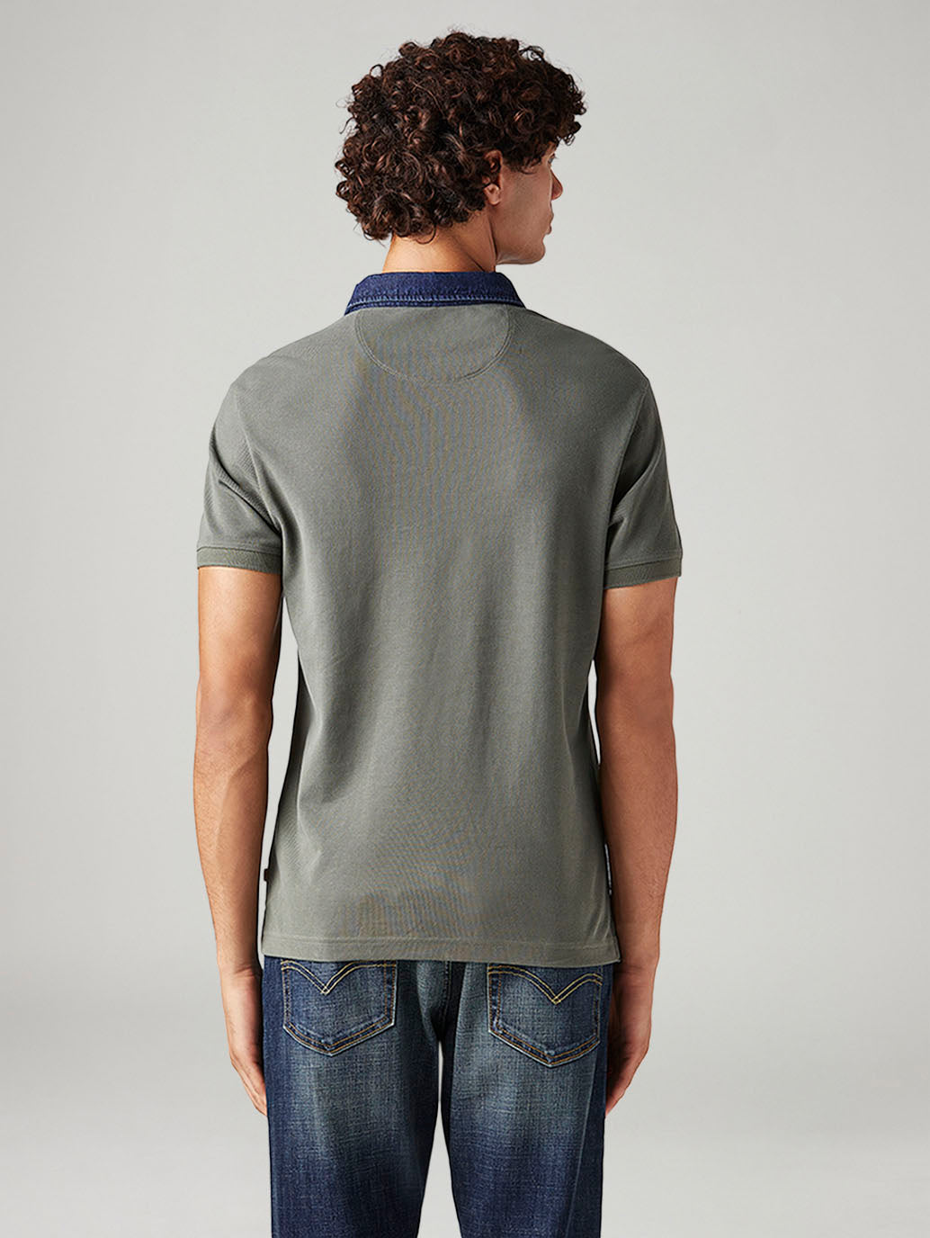 Men's Colorblock Grey Slim Fit Pique Polo T-shirt - Back View