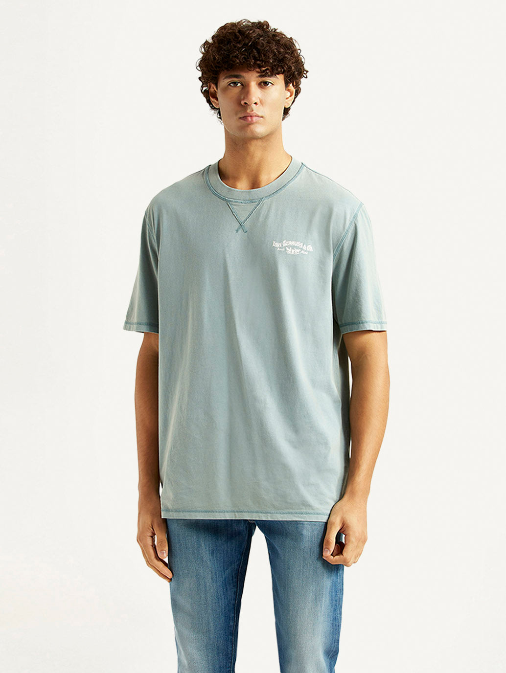 Men's Brand Logo Light Blue Crew Neck T-shirt - Front View