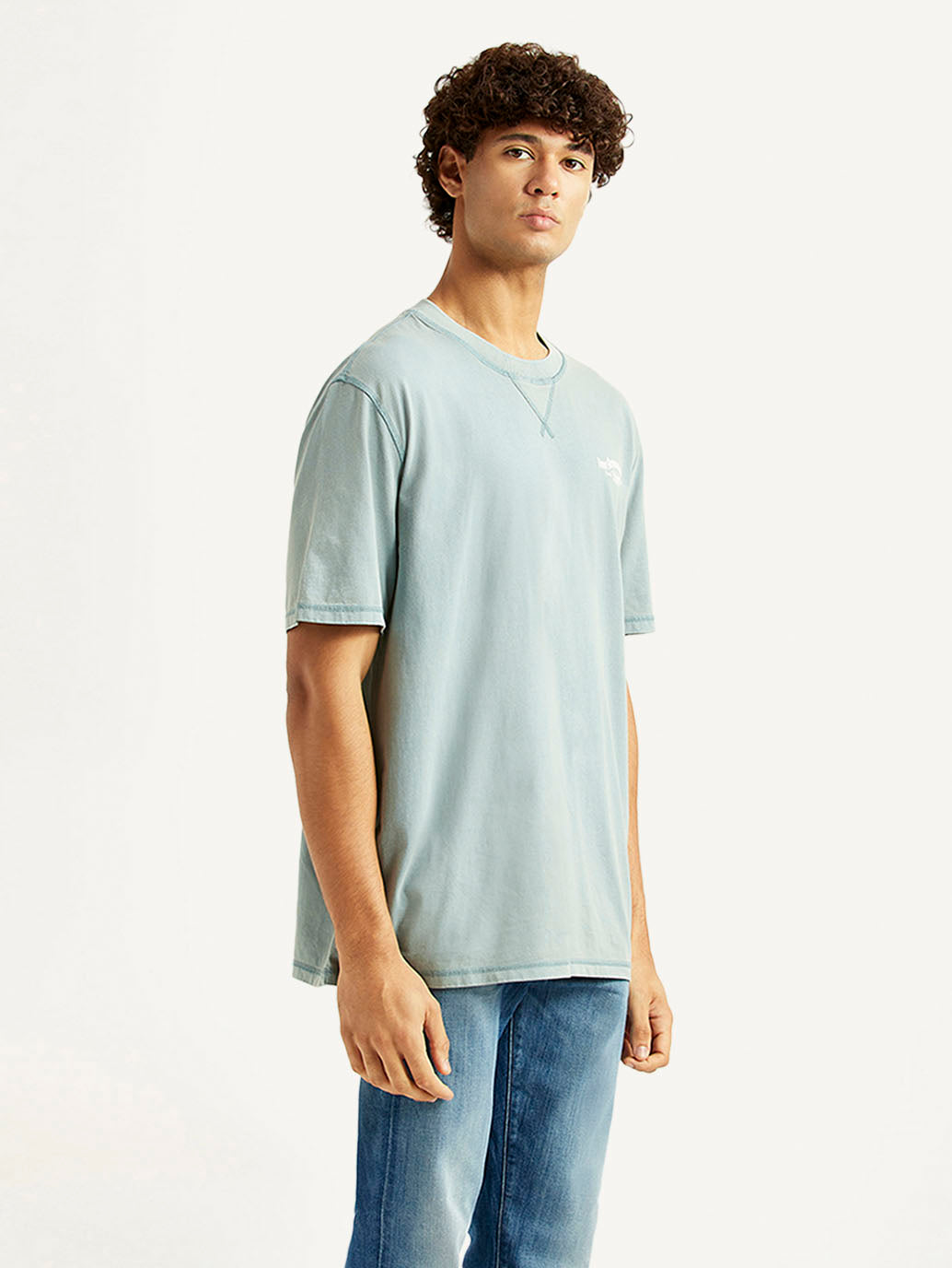 Men's Brand Logo Light Blue Crew Neck T-shirt - Side View