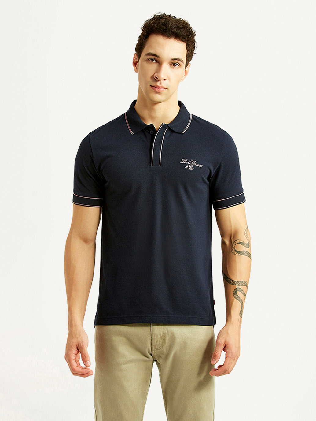 Men's Brand Logo Navy Slim Fit Polo T-shirt - Front View