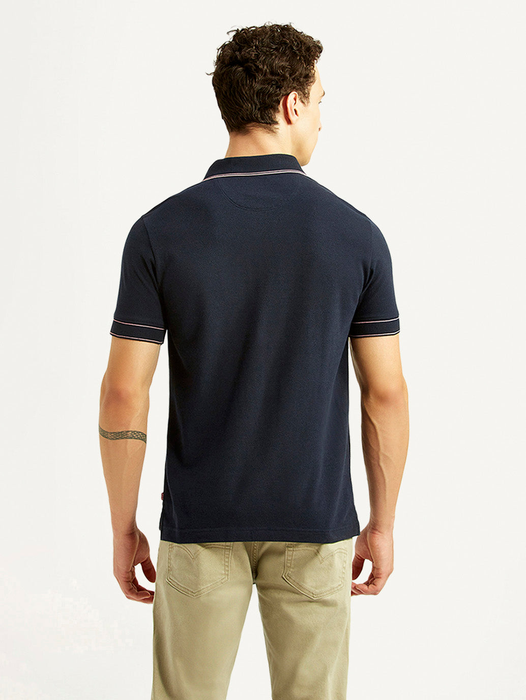 Men's Brand Logo Navy Slim Fit Polo T-shirt - Back View