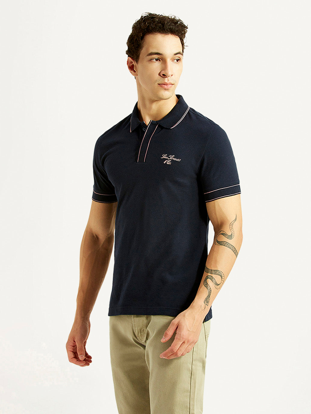Men's Brand Logo Navy Slim Fit Polo T-shirt - Side View
