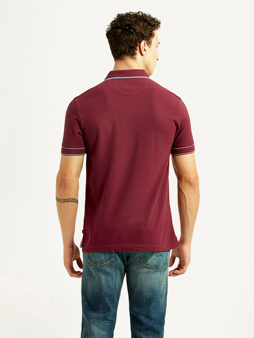 Men's Brand Logo Maroon Slim Fit Polo T-shirt - Back View