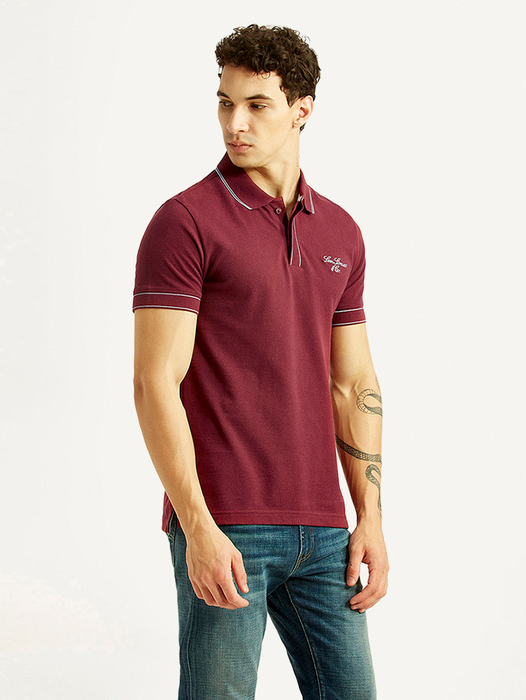Men's Brand Logo Maroon Slim Fit Polo T-shirt - Side View