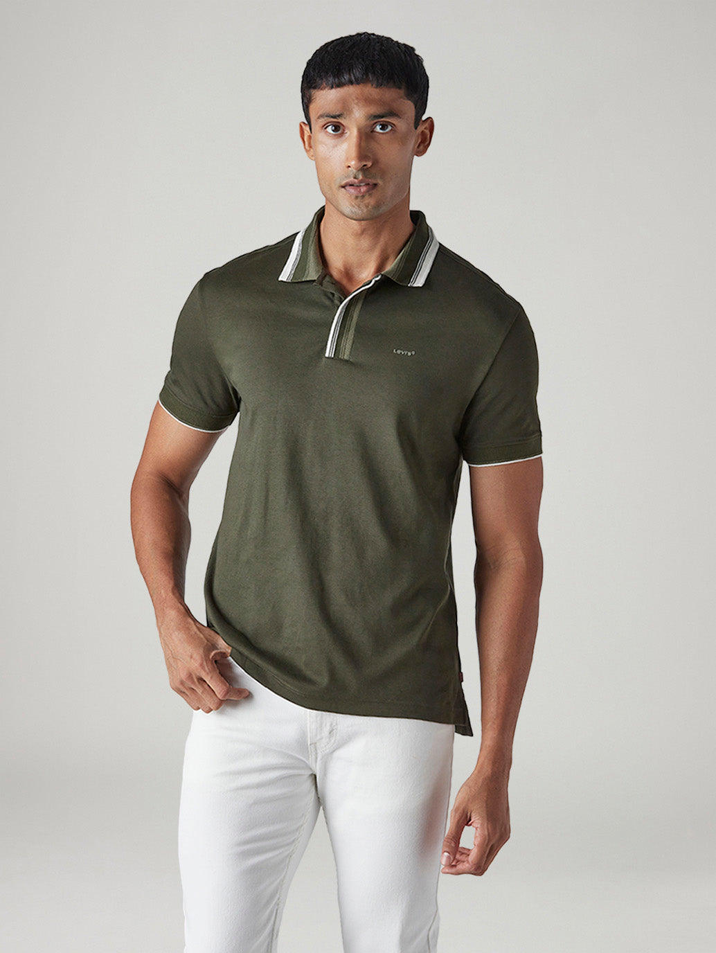 Men's Colorblock Olive Interlock Polo T-shirt - Front View