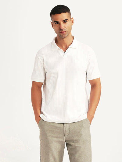 Men's Textured White Slim Fit Polo T-shirt-image-26