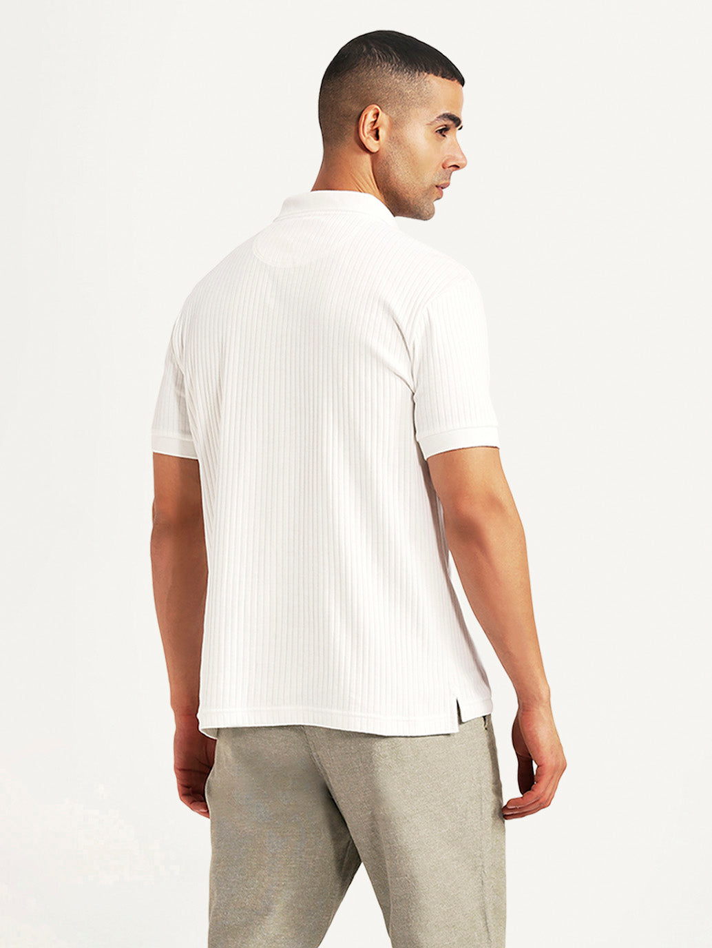 Men's Textured White Slim Fit Polo T-shirt - Back View