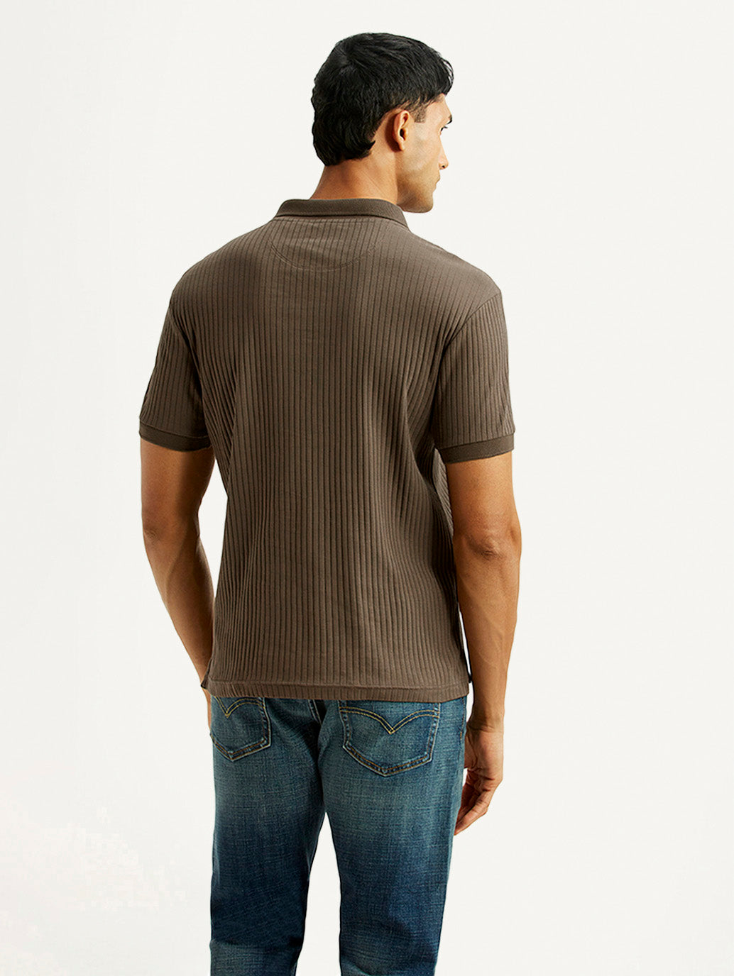 Men's Textured Brown Slim Fit Polo T-shirt - Back View