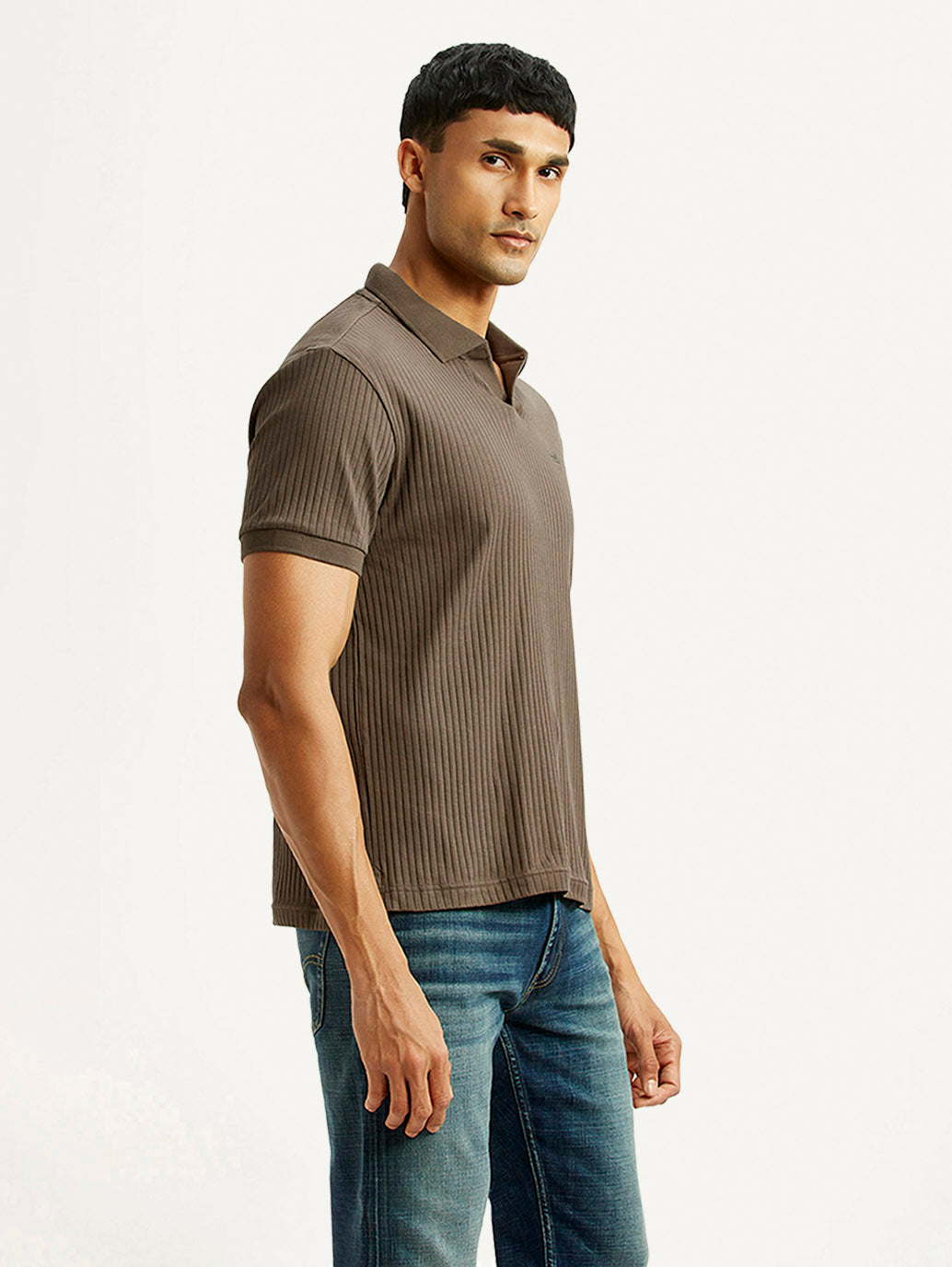 Men's Textured Brown Slim Fit Polo T-shirt - Side View