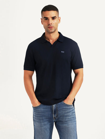 Men's Textured Navy Slim Fit Polo T-shirt-image-43