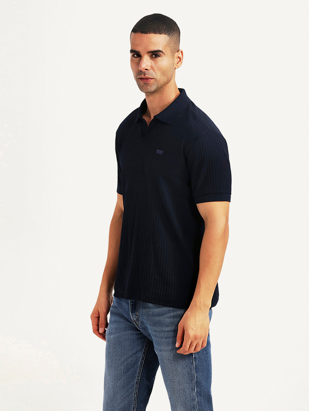Men's Textured Navy Slim Fit Polo T-shirt - Side View